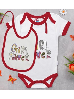 BK Gift Bk Kids Girl Power Tasarımlı Kırmızı Bebek Body Zıbın ve Mama Önlüğü Hediye Seti-1 9-12 Ay