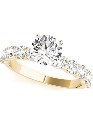 Lial Diamond Yuvarlak Kesim Tektaş Yan Taşlı Yüzük, 1 Karat Merkez Taşlı Laboratuvar Pırlanta Yüzük, 14 Ayar Sarı Altın, BV50631