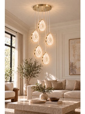 Modavize Sally Modern Gold Tasarım 5'li Uzaktan Kumandalı 3 Renk (Sarı Günışığı ve Beyaz) - Ledli Banyo - Mutfak - Salon Ledli Sarkıt Avize