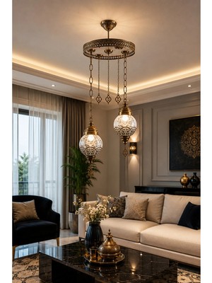 Modavize Dilan Salon - Mutfak - Yatak Odası Eskitme Retro 2 Li Camlı Metal Sarkıt Avize