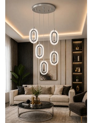 Modavize Merlin Modern Tasarım 5'li Krom Uzaktan Kumandalı 3 Renk (Sarı Günışığı ve Beyaz) - Ledli Banyo - Mutfak - Salon Ledli Sarkıt