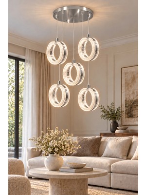Modavize Queen Modern Gold Tasarım 5'li Uzaktan Kumandalı 3 Renk (Sarı Günışığı ve Beyaz) - Ledli Banyo - Mutfak - Salon Ledli Sarkıt Avize