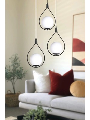 Modavize Deco Modern Tasarım Cafe - Mutfak - Salon - Oturma Odası Siyah Renk Beyaz Camlı 3 Lü Avize