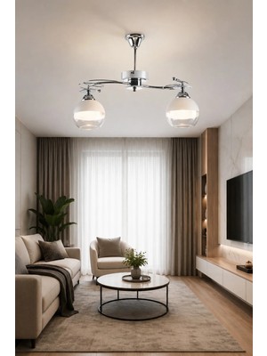 Modavize Karel Salon - Mutfak - Yatak Odası Modern Krom Beyaz Şeffaf Camlı 2 Li Avize