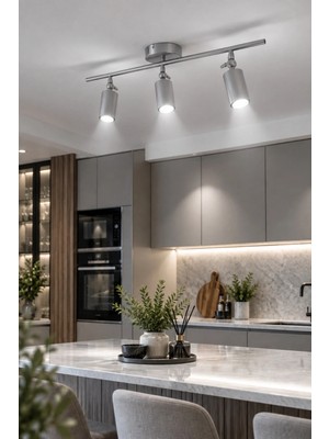 Modavize Spoti Modern Salon - Mutfak - Cafe Tasarım Gri Renk Spot Ledli Sıralı 3 Lü Avize (Beyaz Işık)