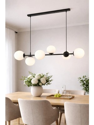 Modavize Milano Modern Tasarım Salon Yemek Odası Mutfak Siyah Renk Beyaz Camlı Sıralı 6lı Avize
