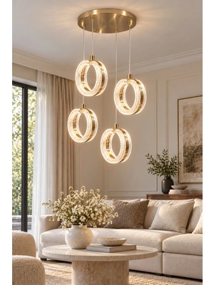 Modavize Queen Modern Gold Tasarım 4'lü Uzaktan Kumandalı 3 Renk (Sarı Günışığı ve Beyaz) - Ledli Banyo - Mutfak - Salon Ledli Sarkıt Avize