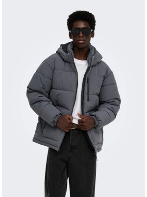 Only & Sons 22038720 Onsromo Puffer Jacket Otw Gri Erkek Kapüşonlu Şişme Mont