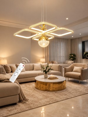 Markatech Milano Beyaz Gold Çizgili Kumandalı Dimmerli Gece Modlu 3 Renk Ledli Avize - Çap 50 cm