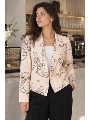 Armonika Kadın Sarı Kruvaze Yaka Desenli Crop Ceket ARM-27K001025