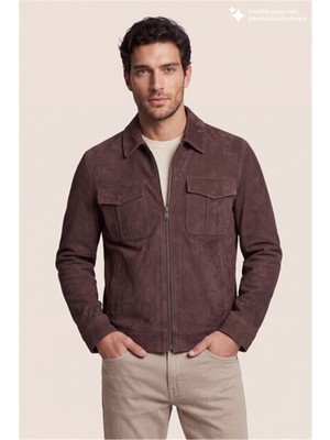 Dkny Suede Leather Zip Overshirt Erkek Deri Mont Kahverengi