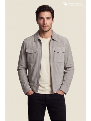Dkny Suede Leather Zip Overshirt Erkek Deri Mont Gri