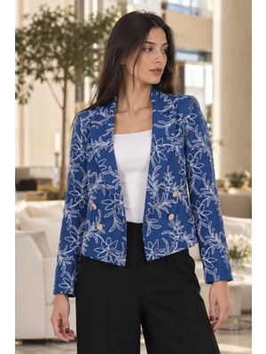 Armonika Kadın Saks Kruvaze Yaka Desenli Crop Ceket ARM-27K001025
