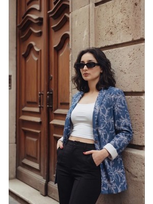 Armonika Kadın Saks Desenli Tek Düğme Ceket ARM-26Y001104