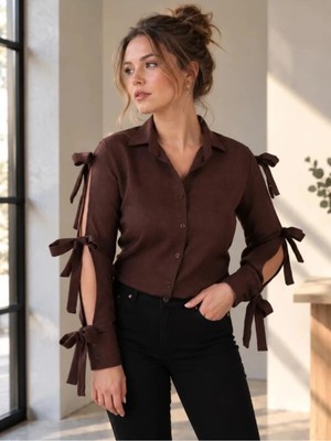 Armonika Kadın Koyu Kahve Kolları Yırtmaçlı Bağcık Detaylı Gömlek ARM-26Y001058
