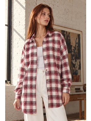 Armonika Kadın Bordo-Beyaz Desenli Oversize Uzun Basic Gömlek ARM-27K001027
