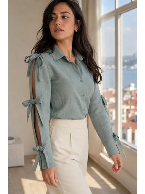 Armonika Kadın Mint Kolları Yırtmaçlı Bağcık Detaylı Gömlek ARM-26Y001058