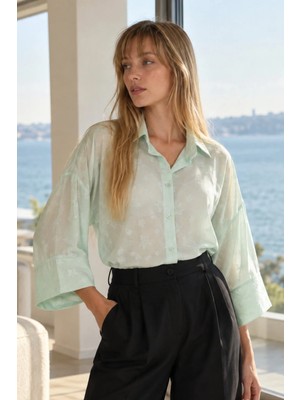Armonika Kadın Mint Kendinden Desenli Şifon Gömlek ARM-27K001002