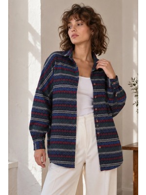 Armonika Kadın Lacivert Desenli Oversize Uzun Basic Gömlek ARM-27K001027