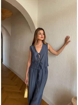 3 Bağlamalı Fiyonklu Çizgi Dokulu Relax Viskon Nefes Alan Ince Yazlık Tatil Yelek Pantolon Takım