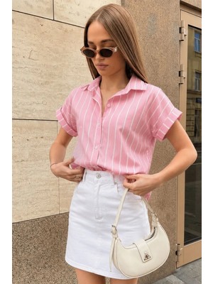Armonika Kadın Toz Pembe Çizgili Kısa Kol Gömlek ARM-19Y001067