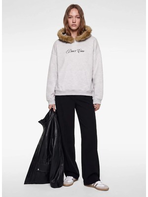 Koton 7WAL10303IK Kar Melanj Kadın Kapüşonlu Baskılı Rahat Süprem Sweatshirt