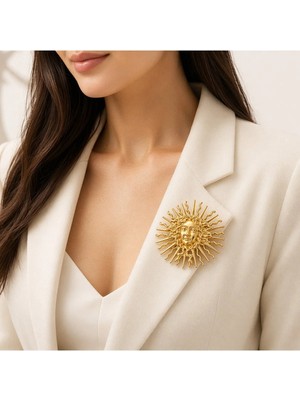 Syn Shop Güneş Figürlü Gold Altın Sarısı Broş Kadın Şık Zarif Yaka Iğnesi Lüx Aksesuar Hediyelik