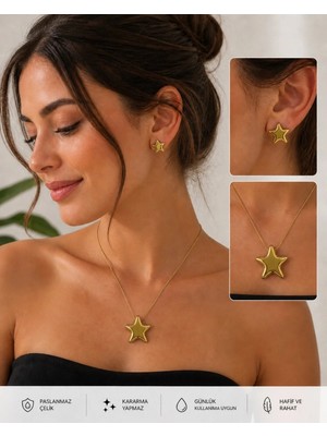 Syn Shop Yıldız Kolye Küpe Set Altın Renk Paslanmaz Çelik Kararmaz Kadın Şık Takı Seti