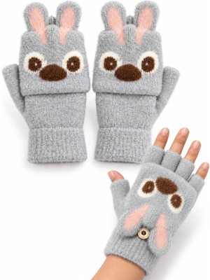 Syn Shop Sevimli Kuala Gri Stitchhh Desenli Kapaklı Parmaksız Angora Örgü Erkek Genç Kız Çocuk Eldiven Kışlık Düğmeli Yarım Parmak Eldiven