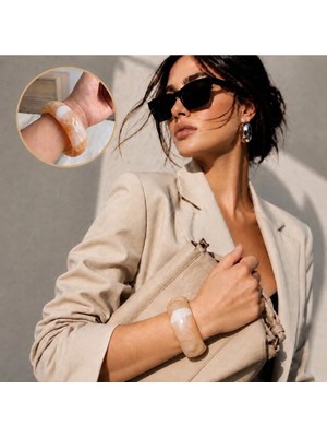 Syn Shop Bej Ekru Trend Vintage Kemik Reçine Mermer Desenli Kalın Bilezik Zarax Model Kemik Görünüm Bileklik