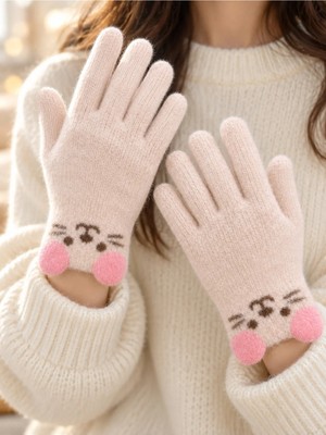 Syn Shop Sevimli Kedi Kulaklı Pembe Hello Kittyyy Desenli Angora Eldiven Kadın Genç Kız Çocuk Esnek Beş Parmaklı Kışlık