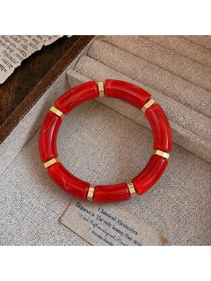 Syn Shop Kırmızı Kemik Mermer Desenli Gold Ara Parçalı Bohem Vintage Kalın Lastikli Kadın Bileklik Bilezik Zarax Model