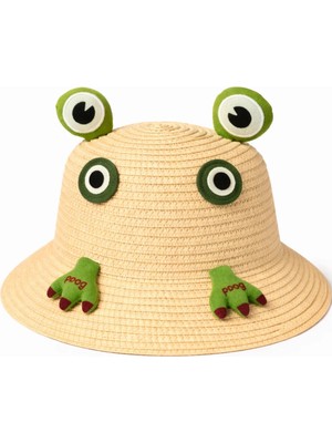 Syn Shop Krem Kurbağa Keroppi 4-10 Yaş Çocuk Bucket Hasır Şapka Yazlık Güneş Koruyucu Kız Erkek Çocuk Plaj