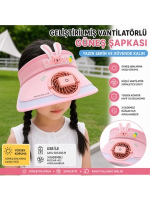 Syn Shop Tavşan Kulaklı USB Şarjlı Çocuk Vantilatörlü Güneş Şapkası 3 Kademeli Ayarlı Uv Korumalı Pembe