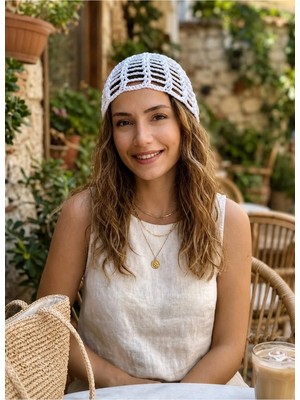 Syn Shop Beyaz File Premium Örgü Bohem Bandana Yazlık Şık Triko Şapka Bere Plaj