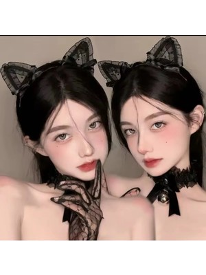 Syn Shop Kedi Kulak Kurdele Siyah Tül Detay Cosplay Anime Gotik Genç Kız Çocuk Bebek Taç Saç Aksesua