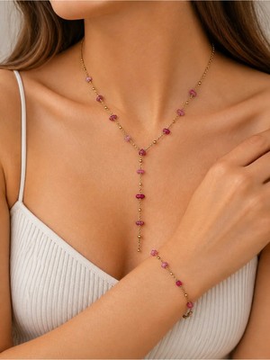 Syn Shop Pembe Akik Doğal Taş Dorika Y Kolye Lariat Kolye Altın Renk Zarif Kadın Kolye Bileklik Set