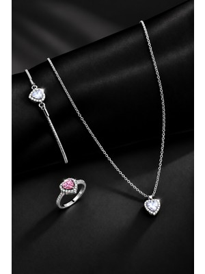 Trend Collection Zirkon Taşlı Kalp Charm Model Gümüş Renk Kadın Kolye Bileklik ve Yüzük Set