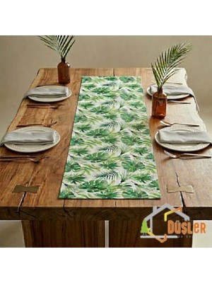 Ertürk Store 50X180 Tropikal Palmiye Yeşil Çiçek Yaprak Monstera Desenli Su ve Leke Itici Duck Kumaş Yemek Masası Örtüsü Dikdörtgen Runner