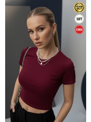 Kadın Bordo  Bisiklet Yaka Likralı Kısa Kol Body Crop Bluz