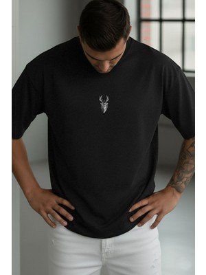 Millionaire Erkek Siyah Geyik Baskılı Oversize Fit Bol Geniş Kalıp Salaş Kesim T-Shirt