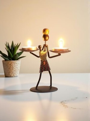 Bomii Retro Etnik Afrika Figürlü Çift Mumluk - Dekoratif Şamdan Tutucu (14 Cm)