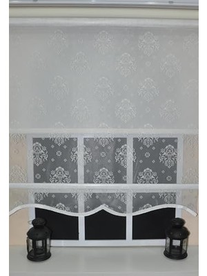 Bomii Çift Mekanizmalı Kirli Beyaz Damask Tül Perde ve Ekru Stor Perde STB45252-V01