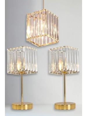 Bomii Bohhem Metal Kristal Camlı Sarkıt Avize ve Abajur Seti Yatak Odası Abajur Salon Avize Altın 15 x 14