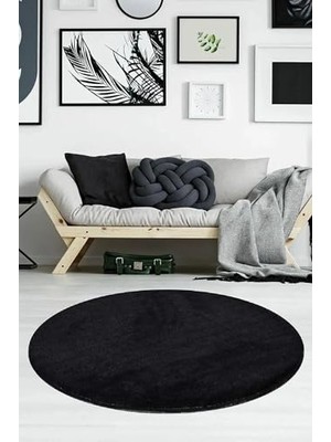 Bomii Rachel Carpet Siyah Lüks Raschel Taban Yıkanabilir Kaymaz Taban Yuvarlak Peluş Halı Yolluk, 150 x 150