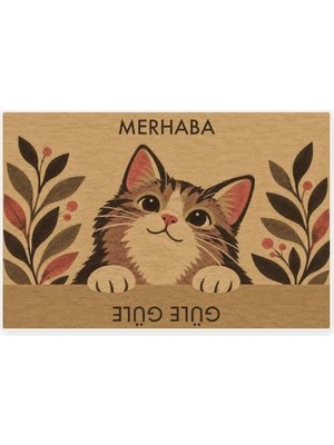 Bomii Merhaba Güle Kedili Kapı Paspası, Kaymaz Kauçuk Taban, Makinede Yıkanabilir, Dijital Baskılı Kapı Önü ve Antre Paspası, Koko, 40X60 cm