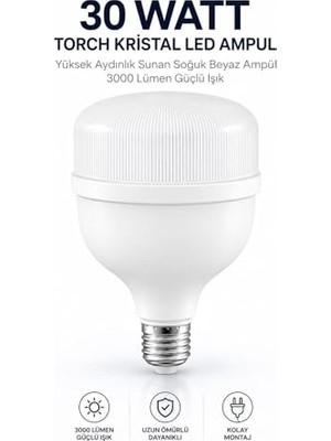 Bomii LED Ampul, 30 W Torch Kristal Yüksek Aydınlık Sunan Soğuk Beyaz Ampül 3000 Lümen Güçlü Işık