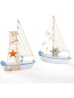 Bomii Mukko Home Marin Tekne Deniz Kabuklarıyla Süslenmiş Ahşap Yelkenli Biblo Ofis Dekorasyon Tekne 22,5 cm x 15 Cm, Mavi Ikili Set, 22 x 15