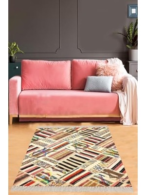 Bomii Pelangi Patchwork Kırkyama Desenli Dijital Baskı Yıkanabilir Kaymaz Taban Etnik Salon Halısı, Çok Renkli 120 x 120