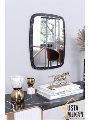 Bomii Siyah Mermer Desen Dekoratif Yuvarlak Kenar Büyük Antre Hol Koridor Duvar Salon Wc Ofis Aynası 60 cm Renk 60 x 45